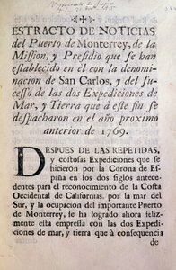 La primera página del relato oficial de la Expedición Portola de 1769-70